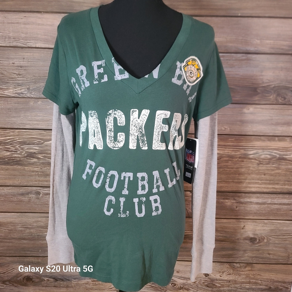 NFL Green Packers Layered-Look Long Sleeve V-Neck Top
